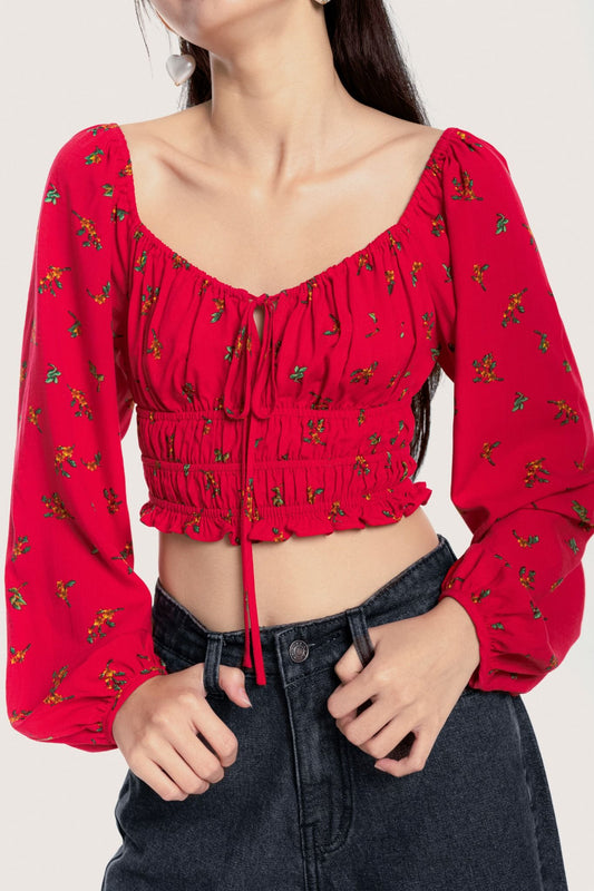 Libe Bohemian Red Floral Long Puff Sleeves Top (Pre-order)