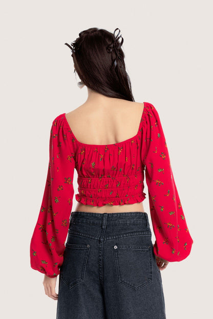 Libe Bohemian Red Floral Long Puff Sleeves Top (Pre-order)