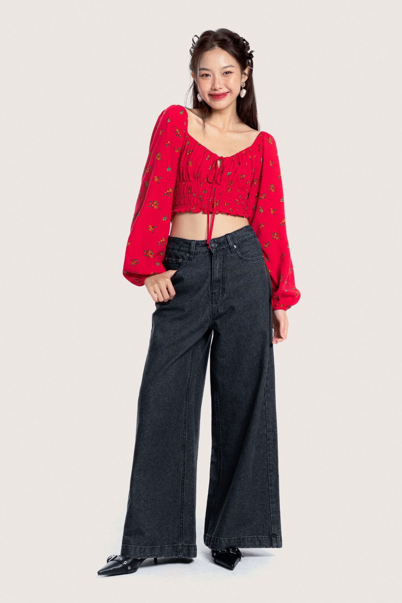 Libe Bohemian Red Floral Long Puff Sleeves Top (Pre-order)