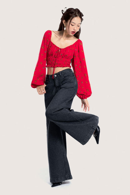 Libe Bohemian Red Floral Long Puff Sleeves Top (Pre-order)