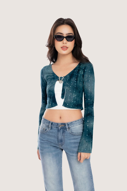 Libe Bolero Tie-Dyed Green Embroidered Buckle Cardigan (Pre-order)