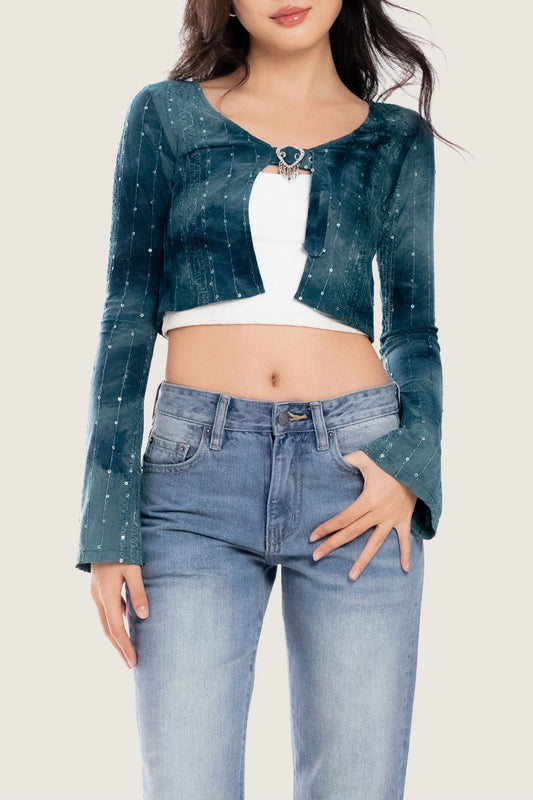 Libe Bolero Tie-Dyed Green Embroidered Buckle Cardigan (Pre-order)