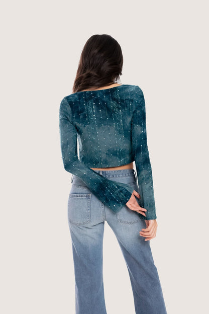 Libe Bolero Tie-Dyed Green Embroidered Buckle Cardigan (Pre-order)
