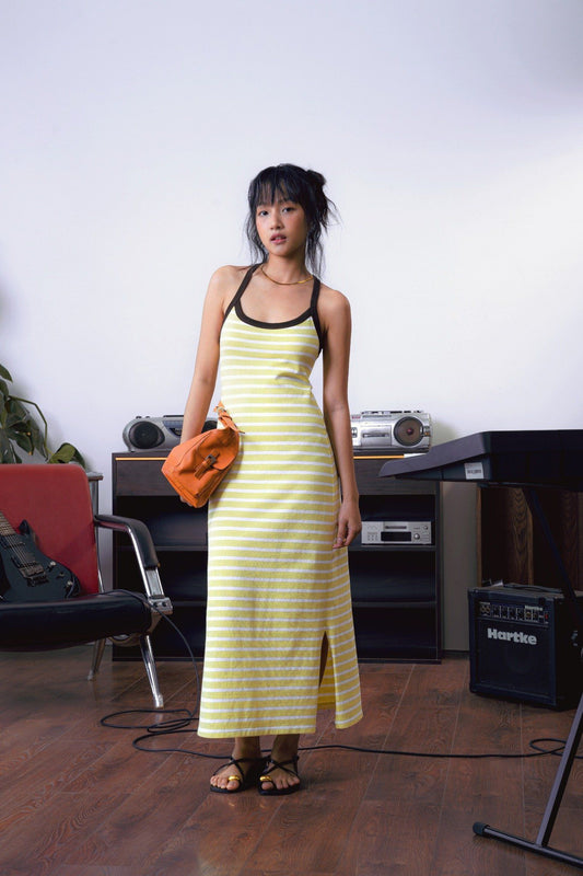 Libe Butter Yellow Strappy Striped Maxi Dress (Pre-order)