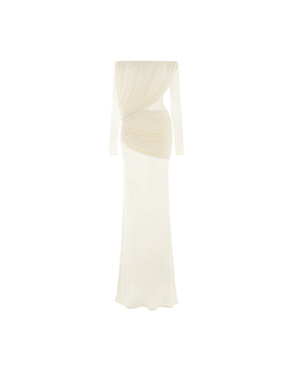 Mollynista Off-Shoulder Draped Mesh Dress