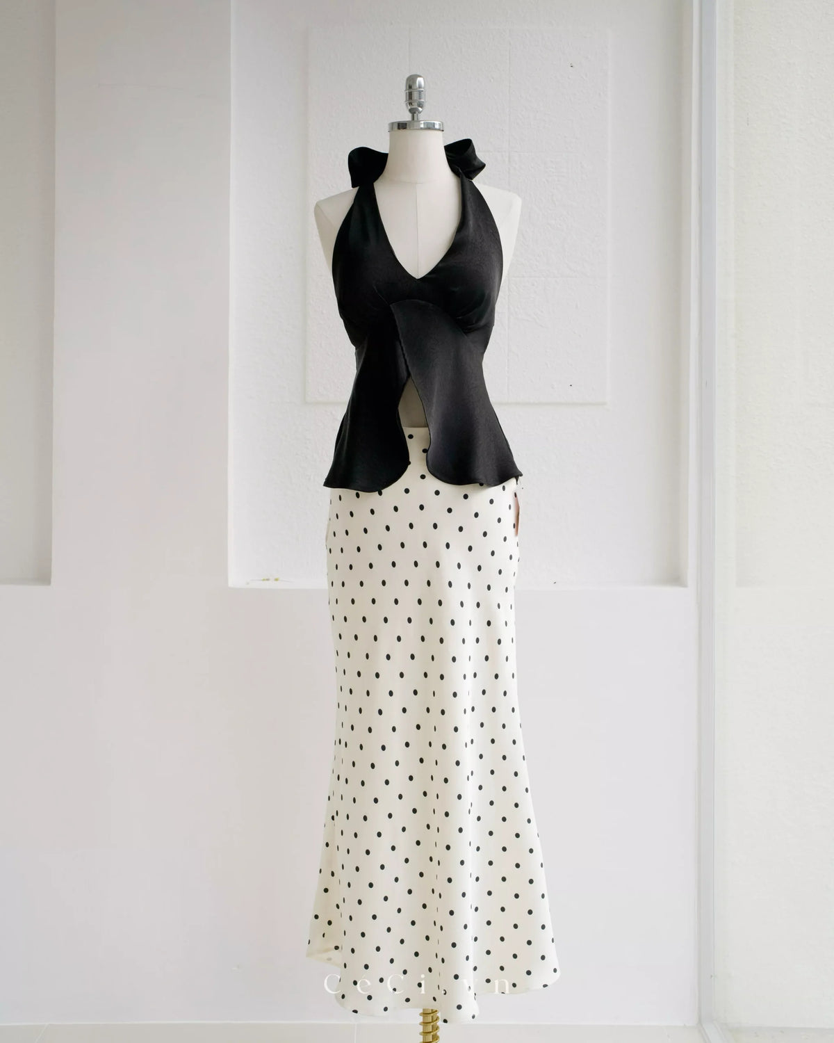 Ceci Silk Skirt - Ivory Polka