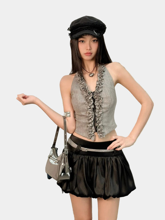 Hoo Design Black Satin Puffy Mini Skirt With Belt And Inner Shorts