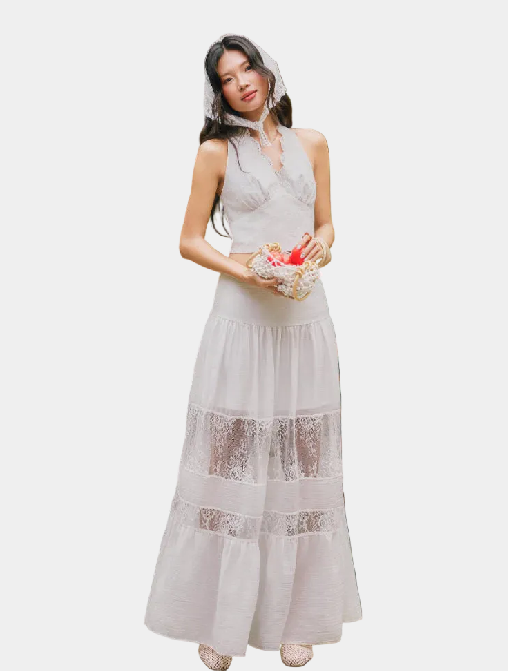 La Boutique Lace Trim Textured Maxi Skirt