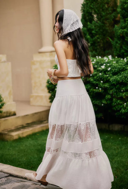 La Boutique Lace Trim Textured Maxi Skirt