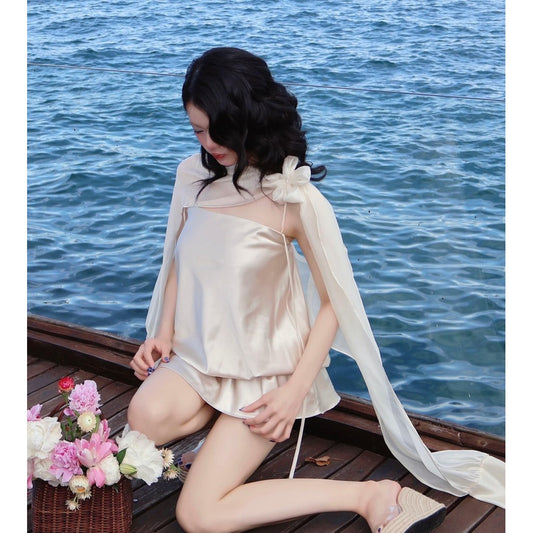 Aguja Chilasy Silk Bubble Dress With Floral Accent (Pre-order)