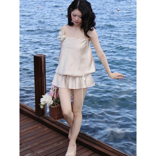 Aguja Chilasy Silk Bubble Dress With Floral Accent (Pre-order)