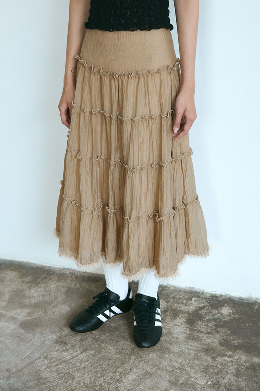 Libe Cream Ruffle Midi Skirt (Pre-order)