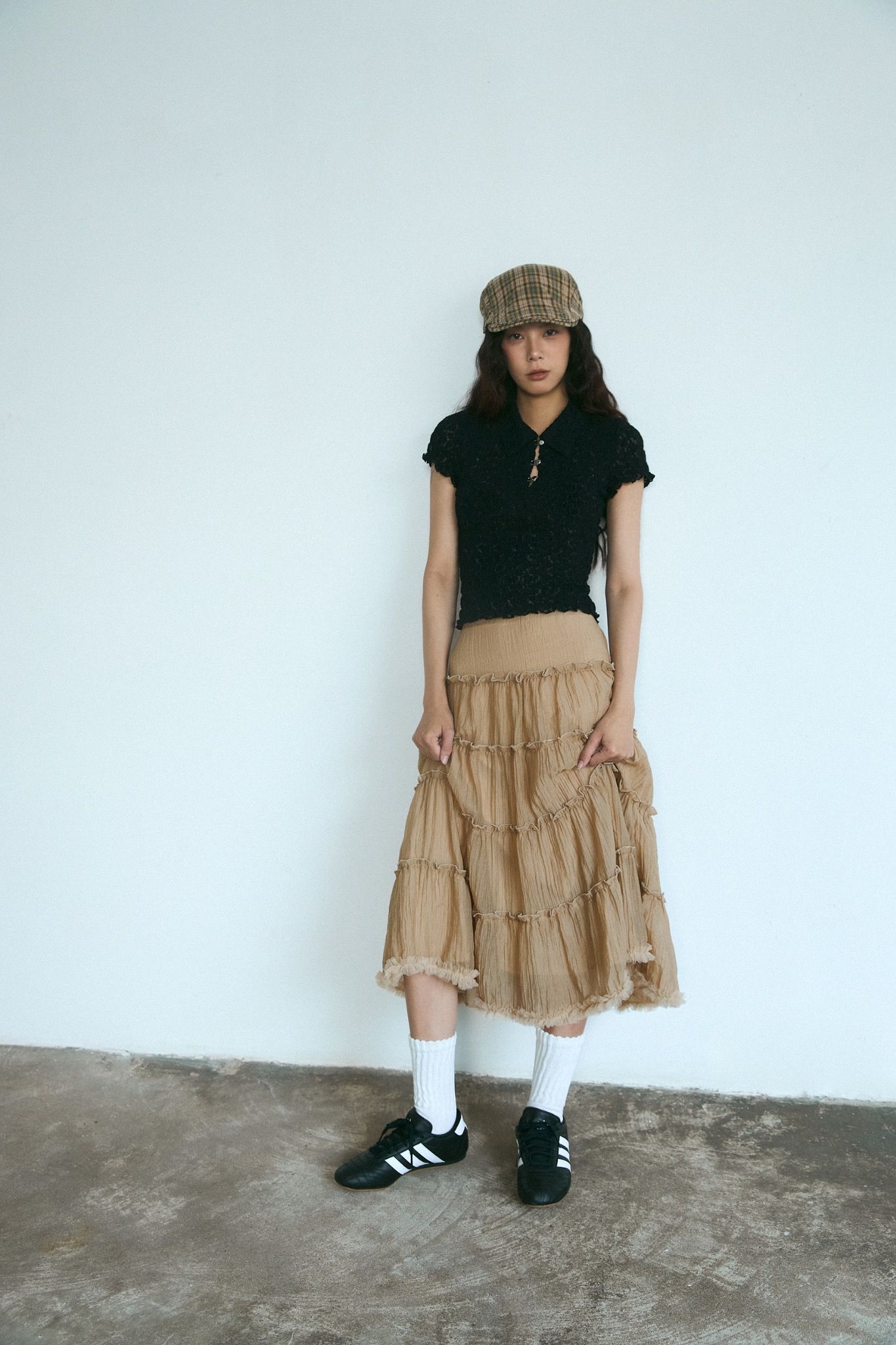 Libe Cream Ruffle Midi Skirt (Pre-order)