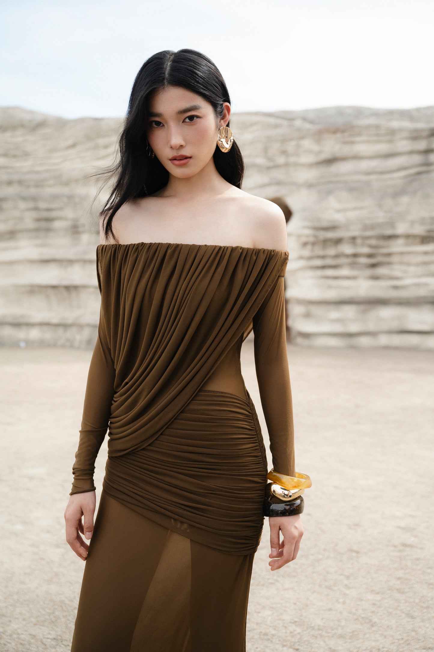 Mollynista Off-Shoulder Draped Mesh Dress