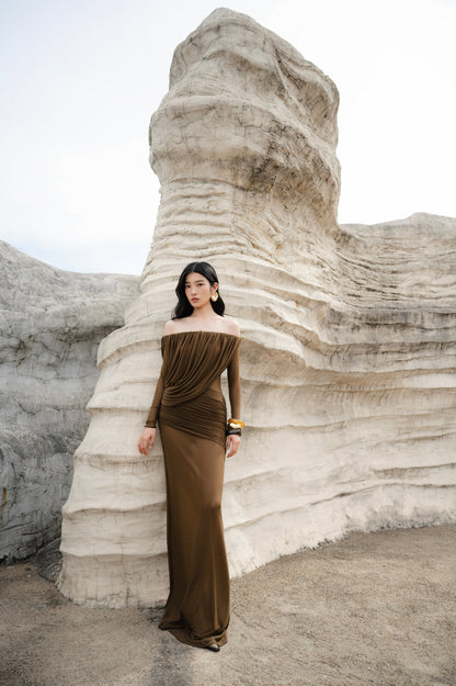 Mollynista Off-Shoulder Draped Mesh Dress