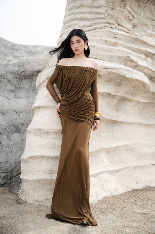 Mollynista Off-Shoulder Draped Mesh Dress