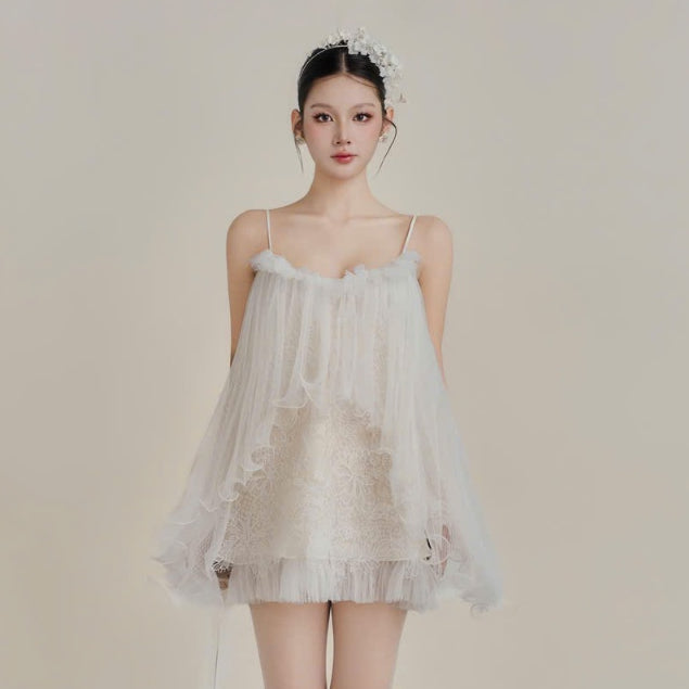 Colin Short Fairy Lace Dress With Mesh Layers