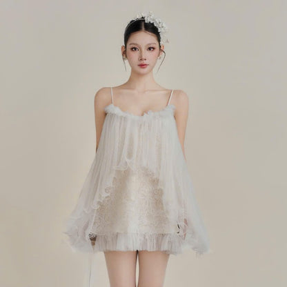 Colin Short Fairy Lace Dress With Mesh Layers