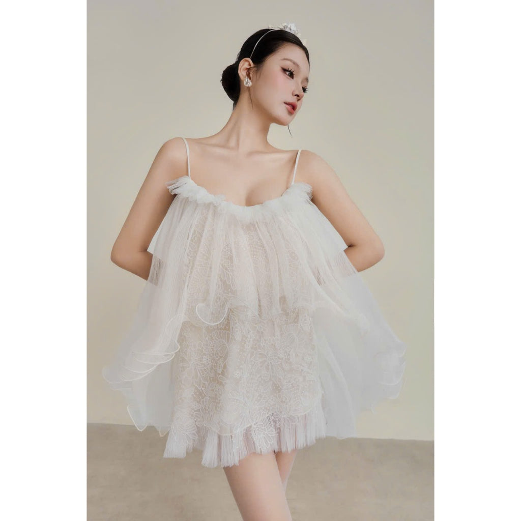 Colin Short Fairy Lace Dress With Mesh Layers