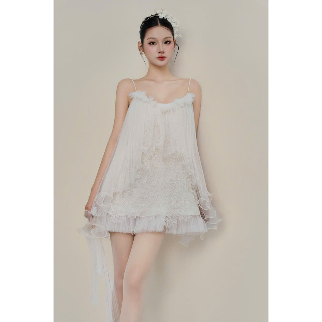 Colin Short Fairy Lace Dress With Mesh Layers White / L Colin Short Fairy Lace Dress With Mesh Layers White / L