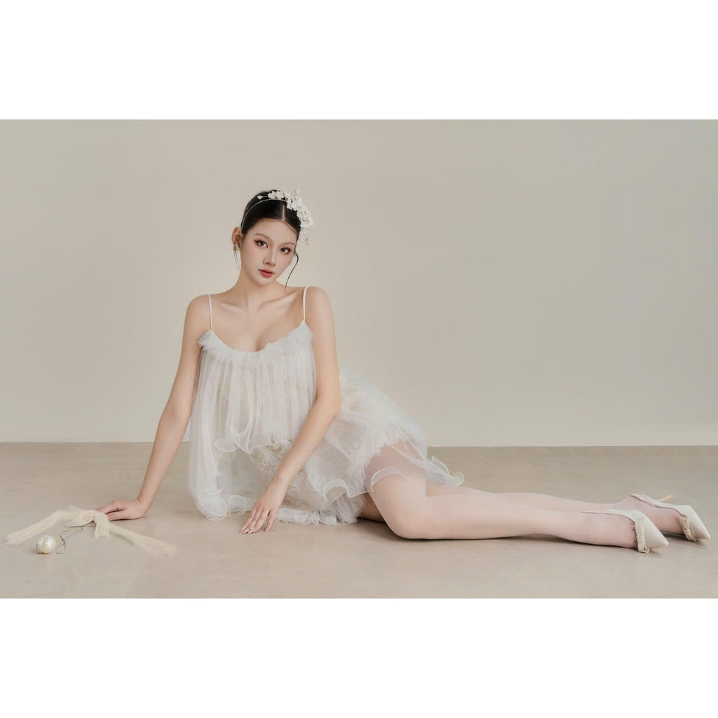 Colin Short Fairy Lace Dress With Mesh Layers