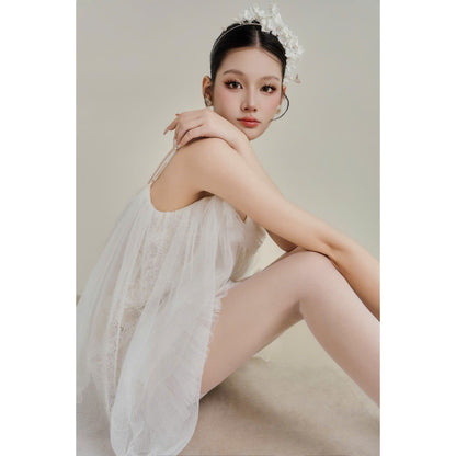 Colin Short Fairy Lace Dress With Mesh Layers