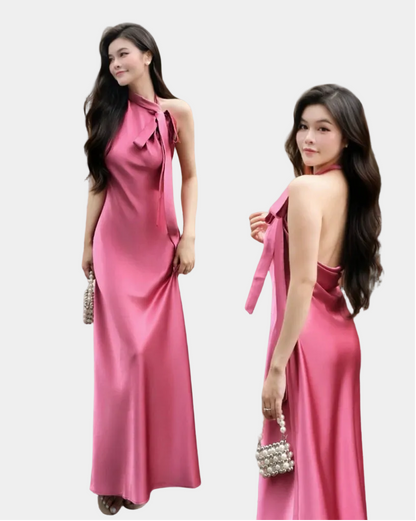 La Boutique Tie-Neck Long Silk Dress