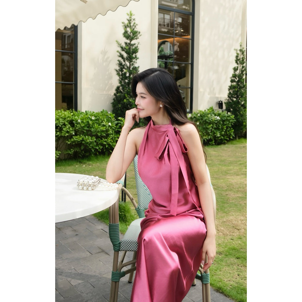 La Boutique Tie-Neck Long Silk Dress