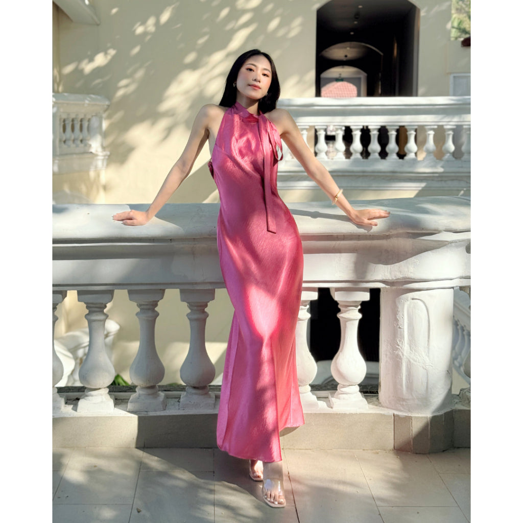La Boutique Tie-Neck Long Silk Dress