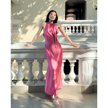 La Boutique Tie-Neck Long Silk Dress