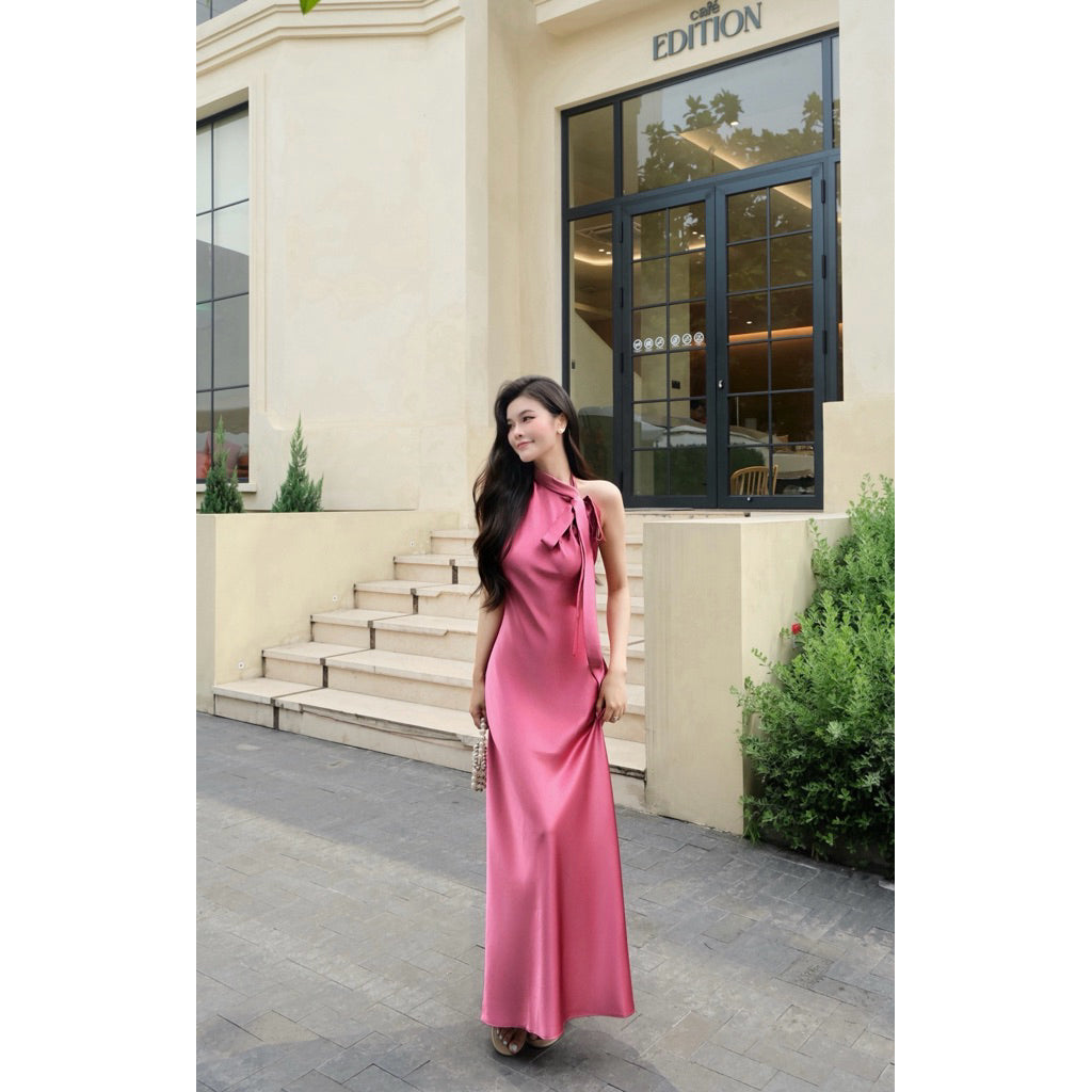 La Boutique Tie-Neck Long Silk Dress