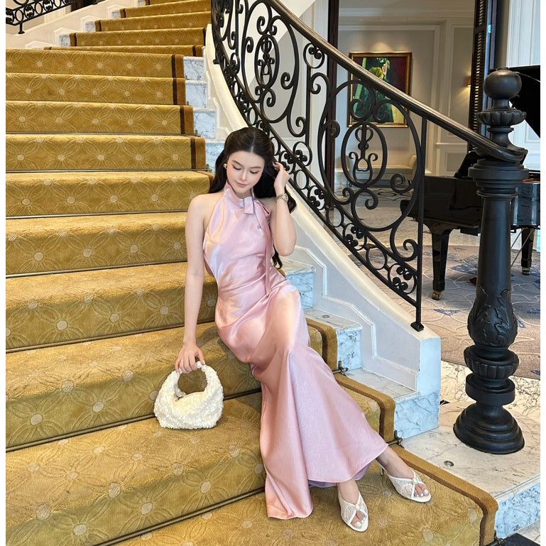 La Boutique Tie-Neck Long Silk Dress