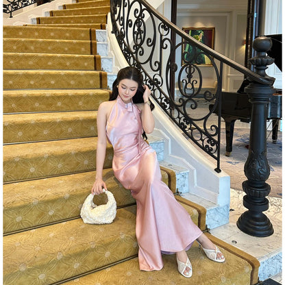 La Boutique Tie-Neck Long Silk Dress