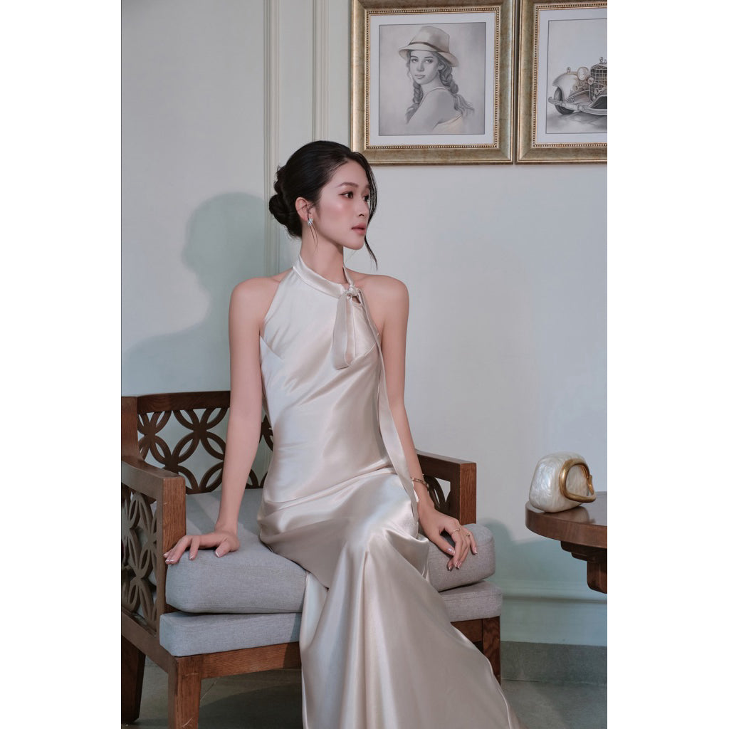 La Boutique Tie-Neck Long Silk Dress