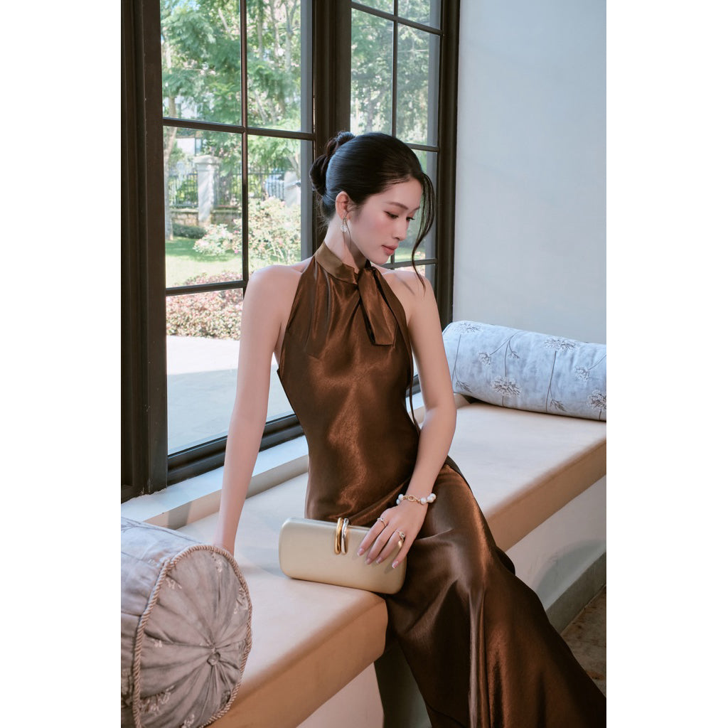 La Boutique Tie-Neck Long Silk Dress