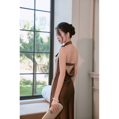 La Boutique Tie-Neck Long Silk Dress