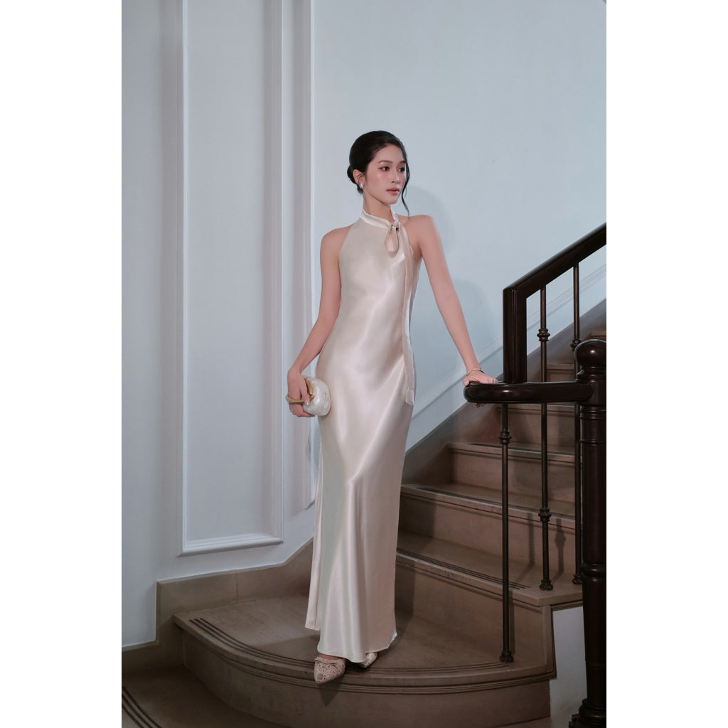 La Boutique Tie-Neck Long Silk Dress