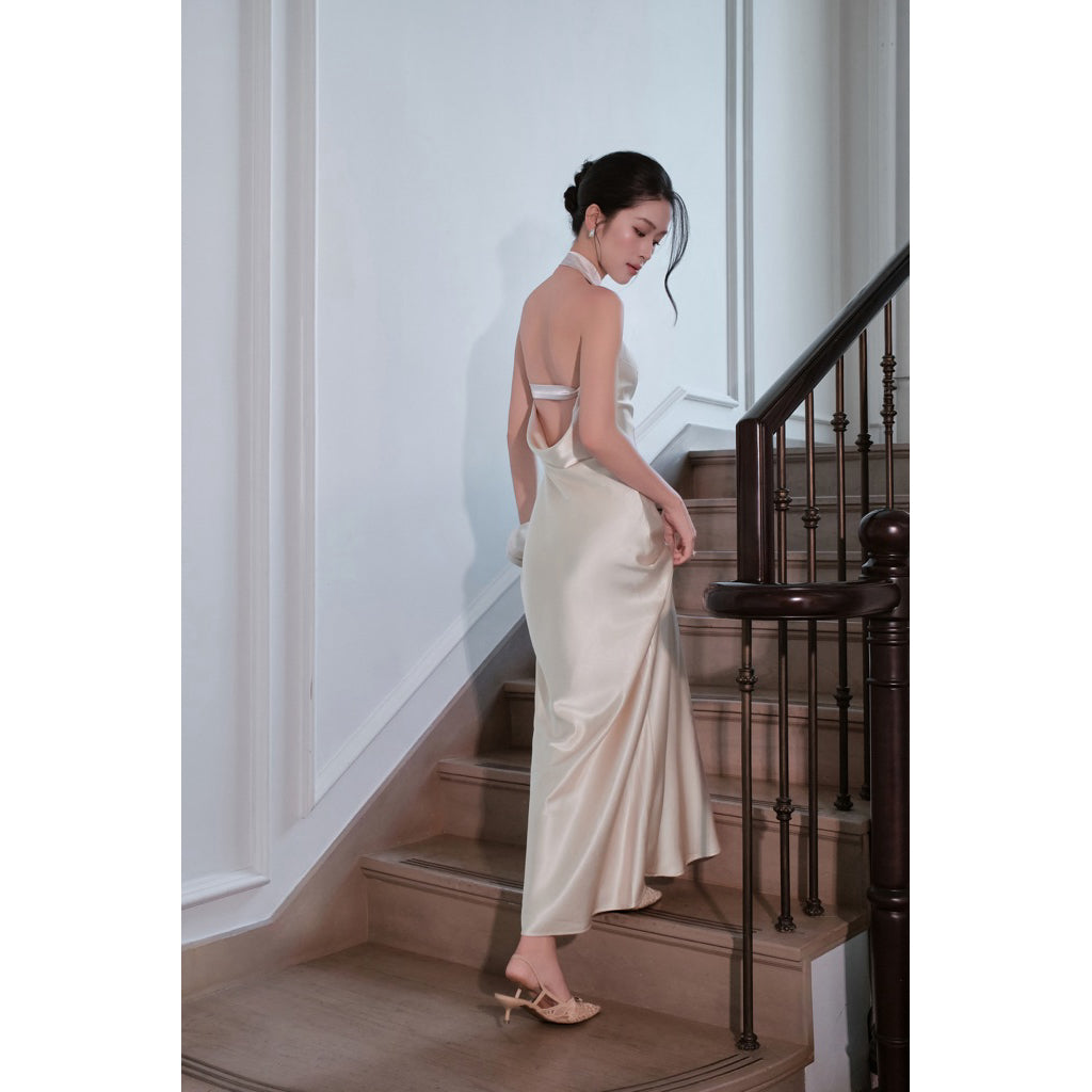 La Boutique Tie-Neck Long Silk Dress