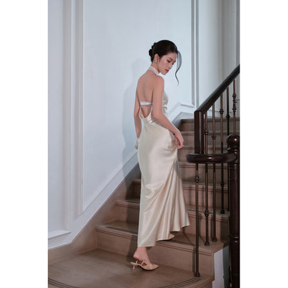 La Boutique Tie-Neck Long Silk Dress