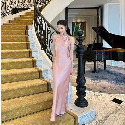 La Boutique Tie-Neck Long Silk Dress