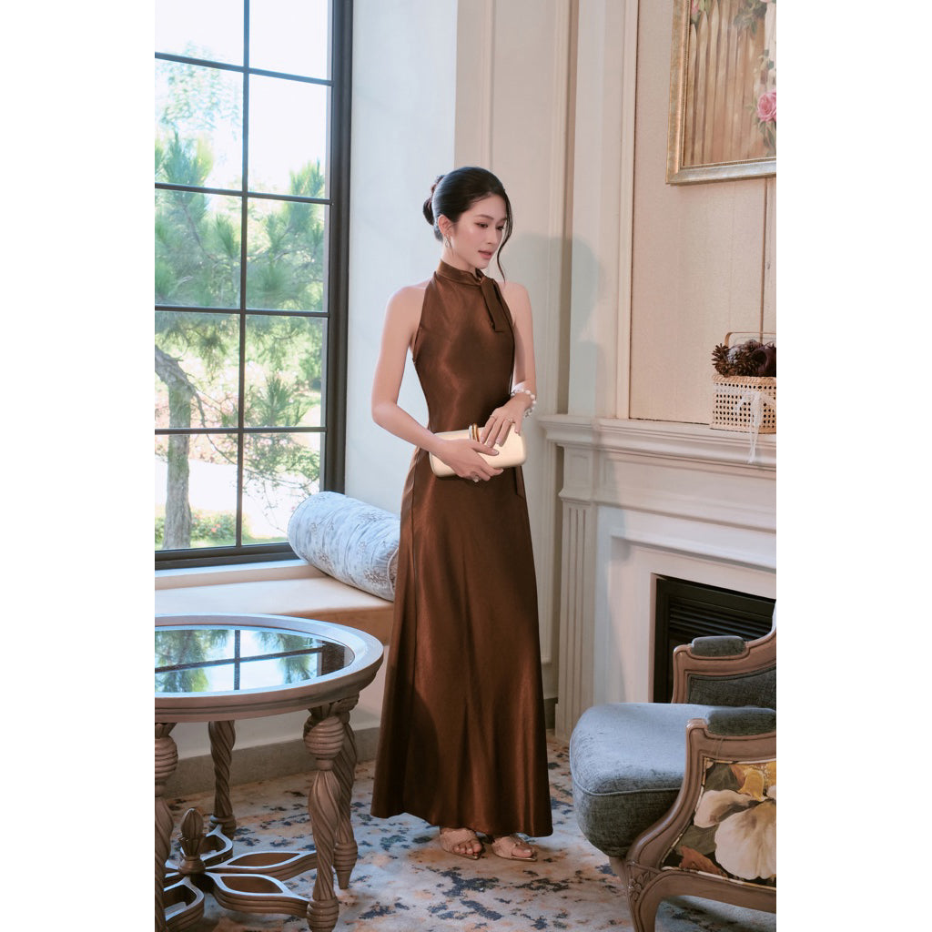 La Boutique Tie-Neck Long Silk Dress