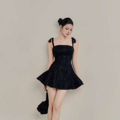 Colin Short Lace Corset Dress With Tie Straps And Flared Skirt (Pre-order)