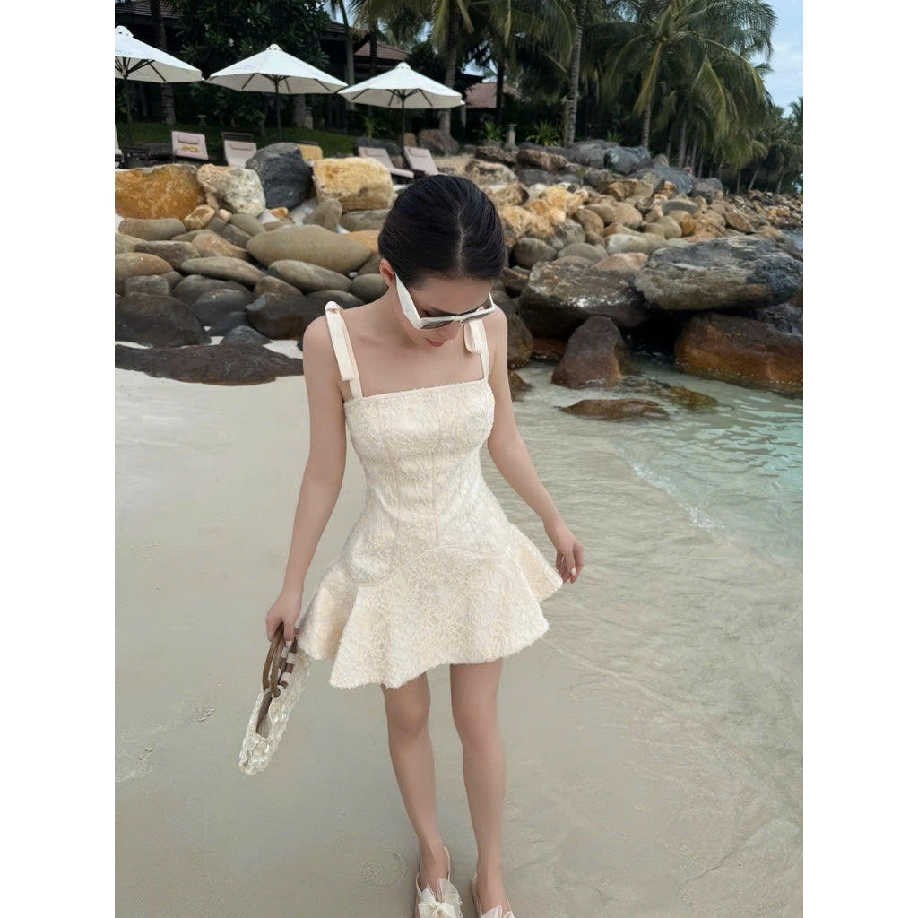 Colin Short Lace Corset Dress With Tie Straps And Flared Skirt (Pre-order)