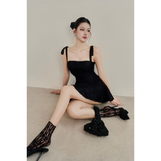 Colin Short Lace Corset Dress With Tie Straps And Flared Skirt (Pre-order)