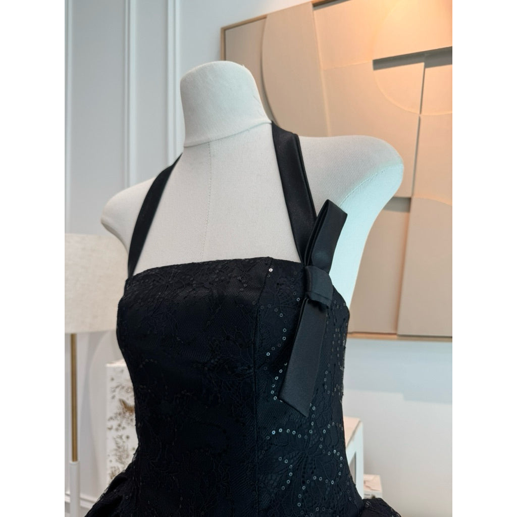 Colin Short Lace Dress With Sweetheart Neckline And Ribbon Straps