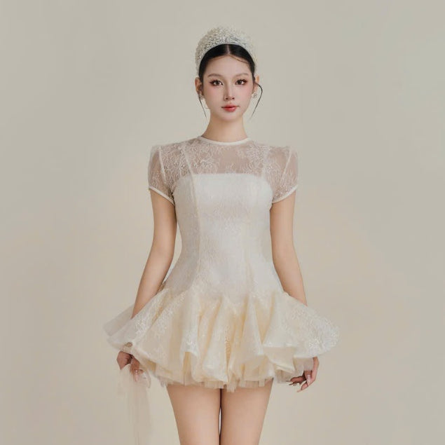 Colin Short Lace Dress With Puff Skirt And Sheer Short Sleeves (Pre-order)