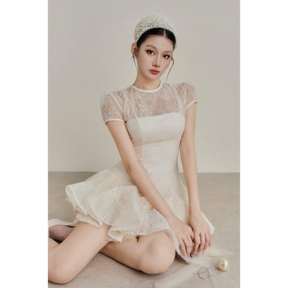 Colin Short Lace Dress With Puff Skirt And Sheer Short Sleeves (Pre-order)