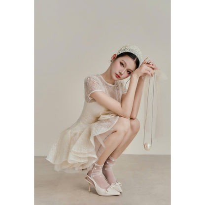 Colin Short Lace Dress With Puff Skirt And Sheer Short Sleeves (Pre-order)