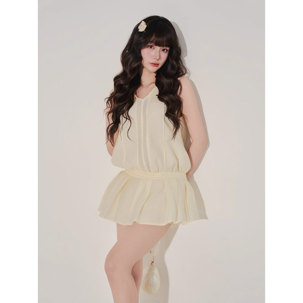 Colin Sleeveless Short Shirt Dress In Crepe With Pleated Flare Skirt