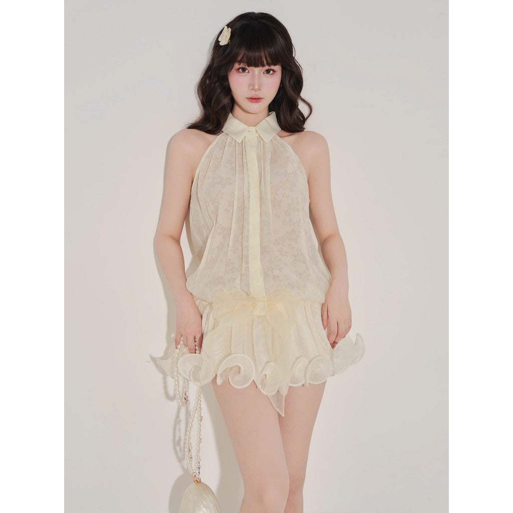 Colin Sleeveless Short Shirt Dress In Textured Floral Chiffon With Twisted Pleats